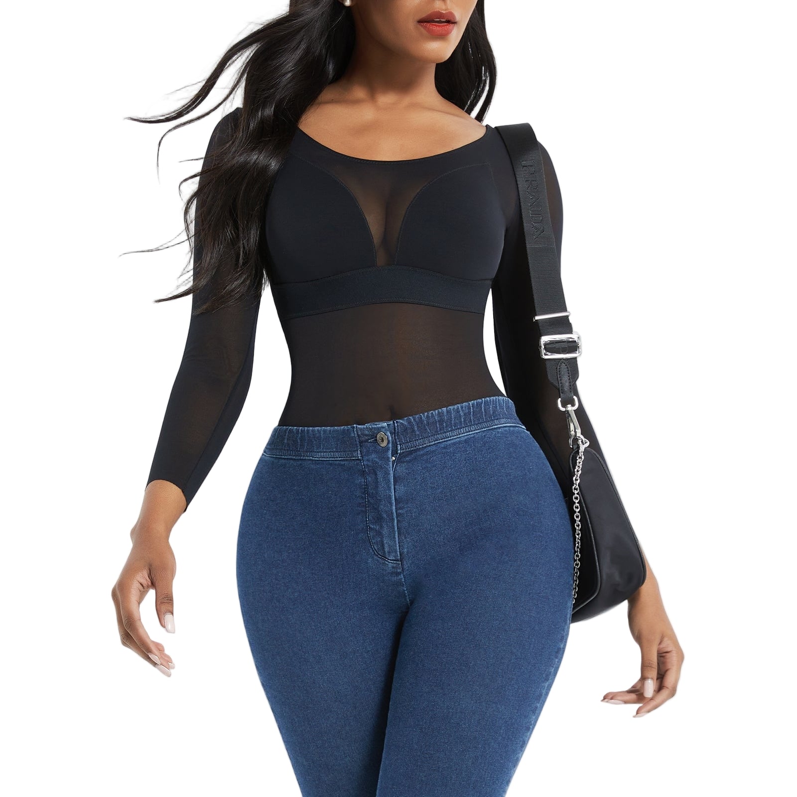 Wholesale Black Long Sleeves Mesh Thong Bodysuit Shapewear Flatten Tummy