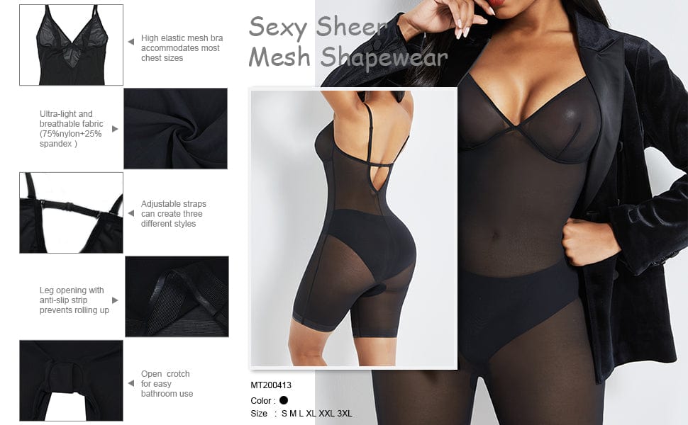 Wholesale Black Open Gusset See Through Full Body Shaper Slimming Stomach