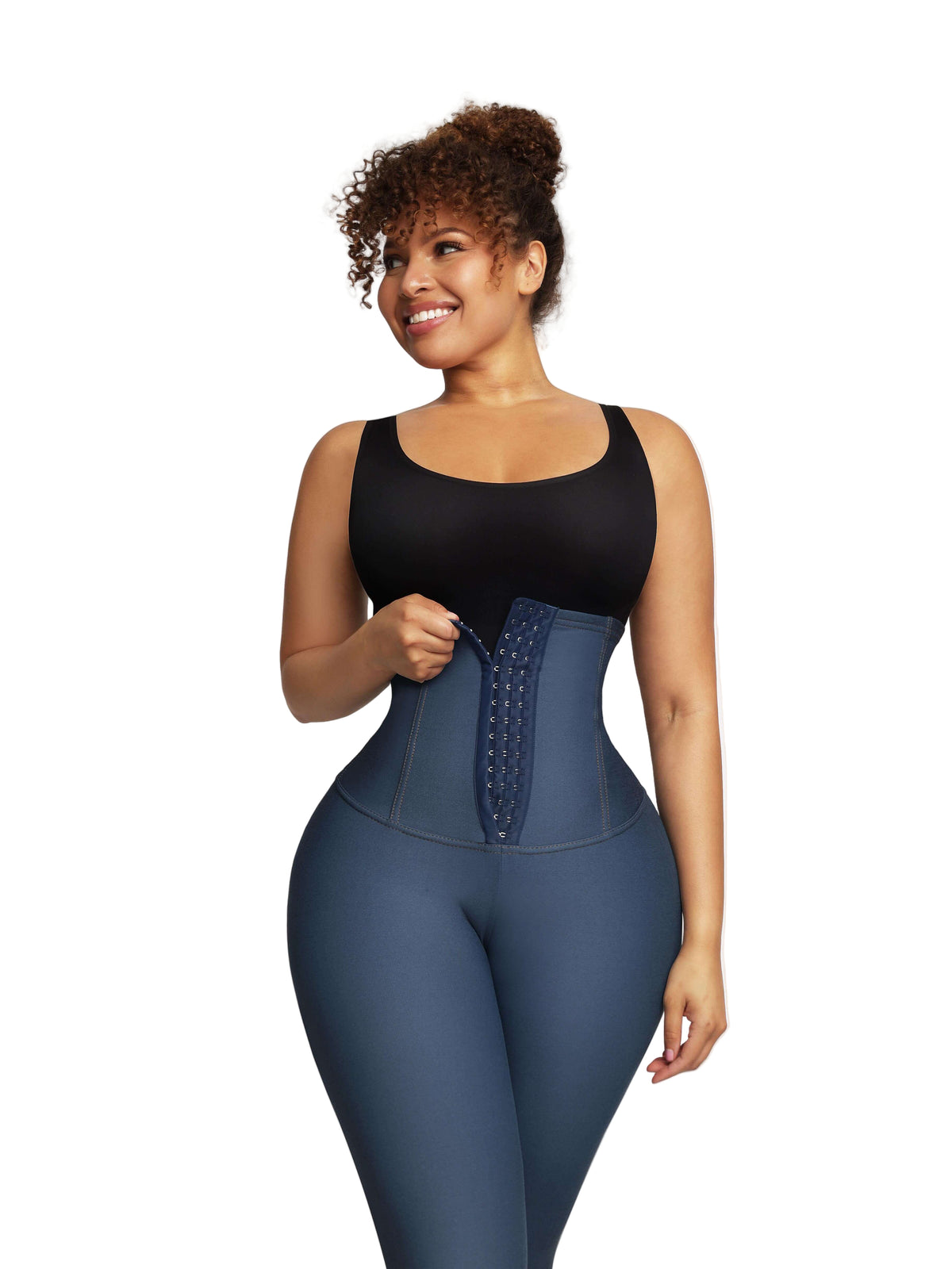 Wholesale High-waisted Three-breasted Belted Tummy-control Denim Trousers