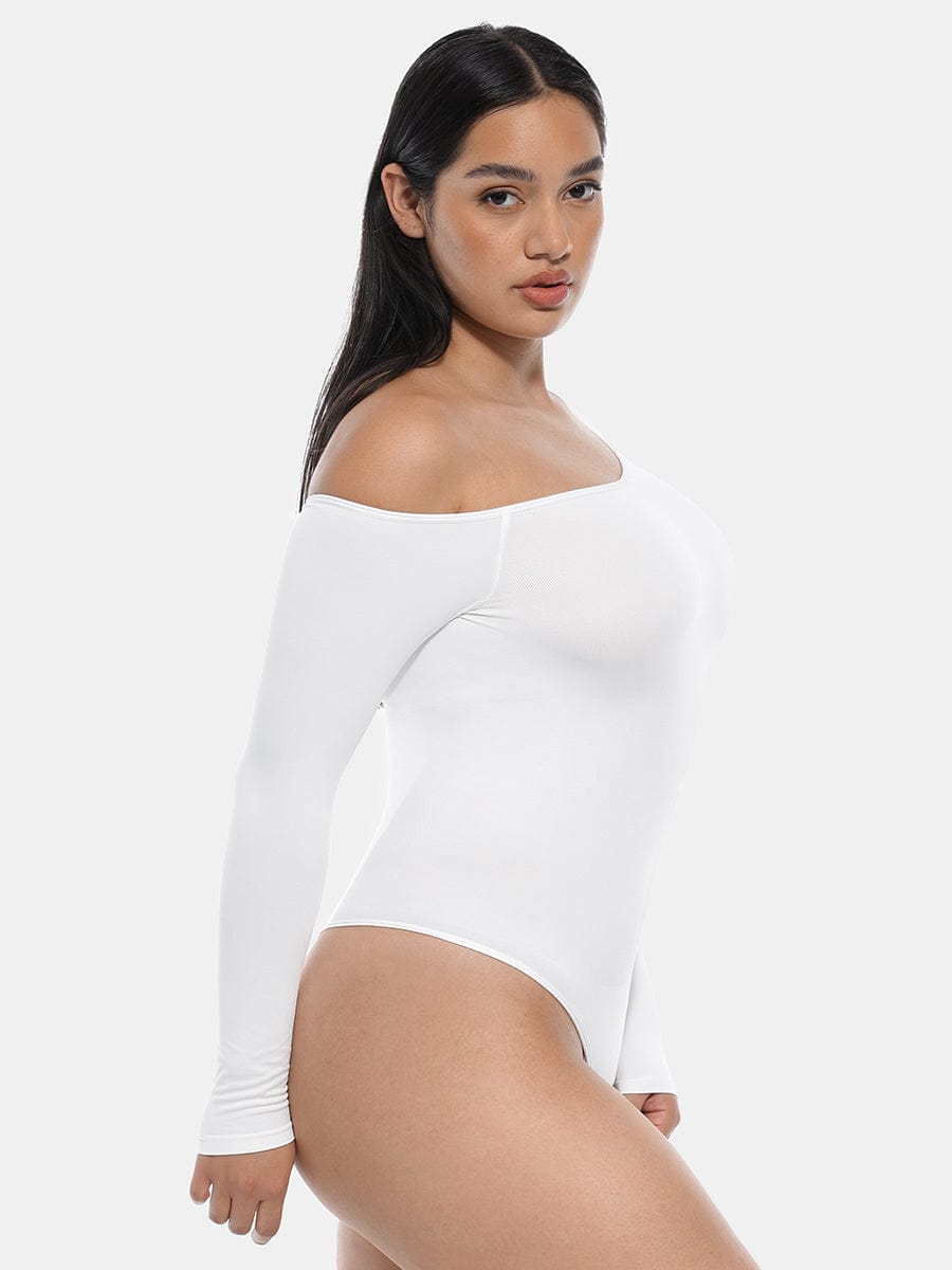 Seamless Diagonal-Neck Long-Sleeve Shaping Thong Bodysuit