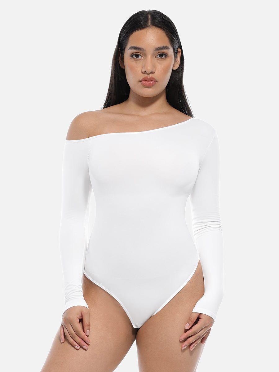 Seamless Diagonal-Neck Long-Sleeve Shaping Thong Bodysuit
