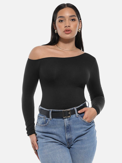 Seamless Diagonal-Neck Long-Sleeve Shaping Thong Bodysuit