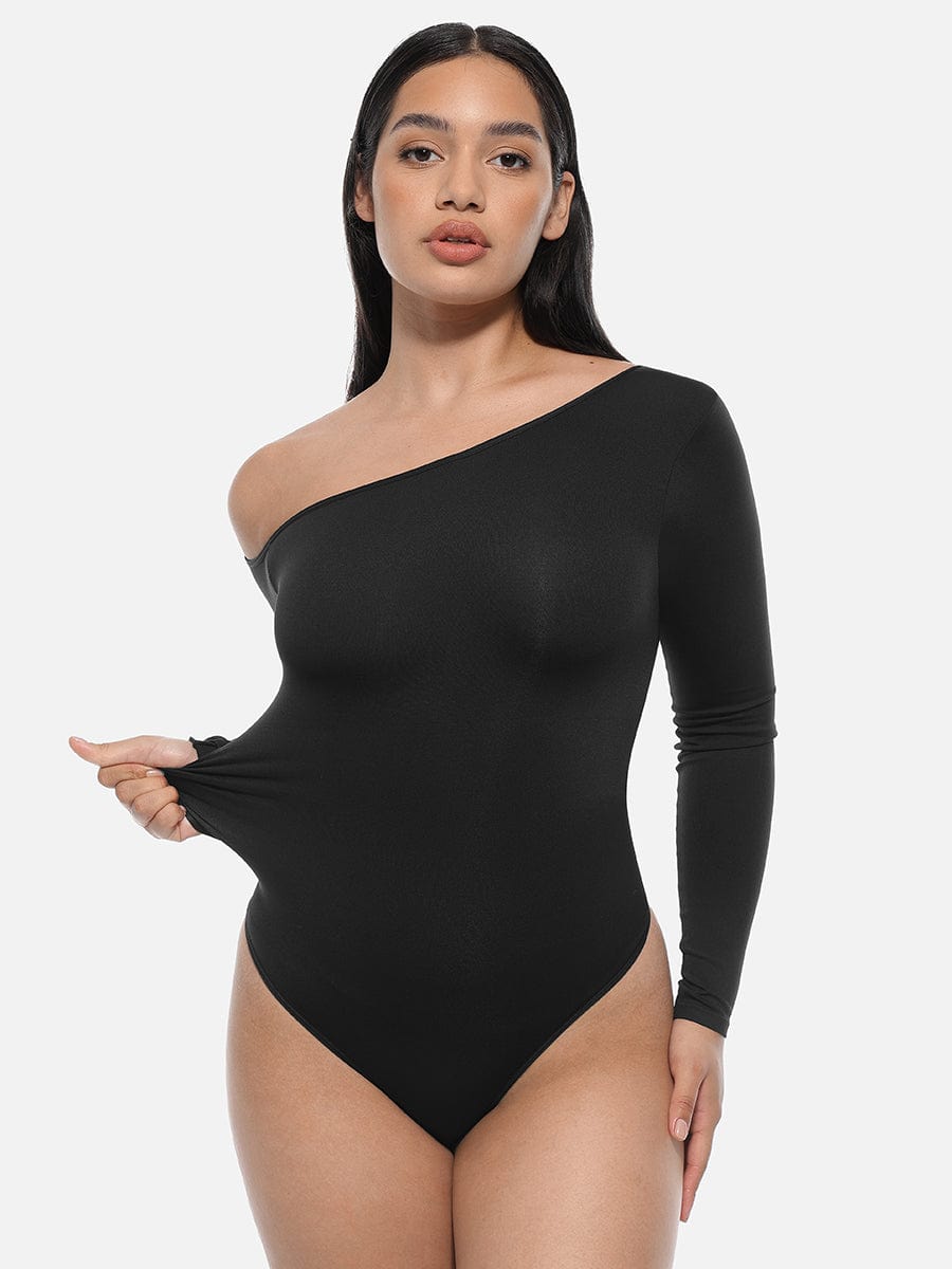 Seamless Diagonal-Neck Long-Sleeve Shaping Thong Bodysuit