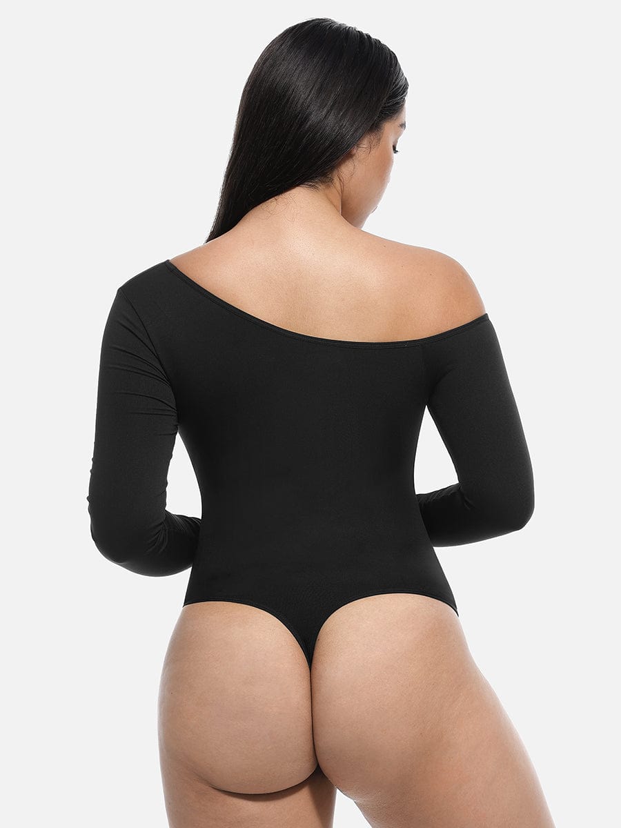 Seamless Diagonal-Neck Long-Sleeve Shaping Thong Bodysuit