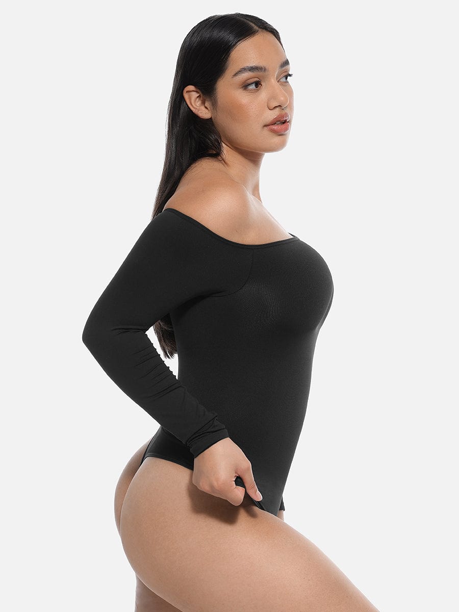 Seamless Diagonal-Neck Long-Sleeve Shaping Thong Bodysuit