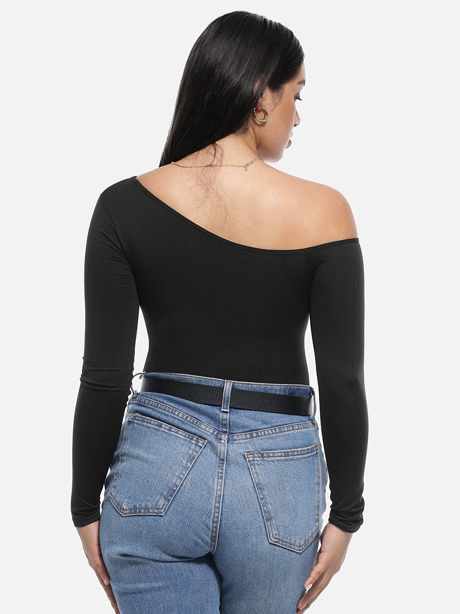 Seamless Diagonal-Neck Long-Sleeve Shaping Thong Bodysuit
