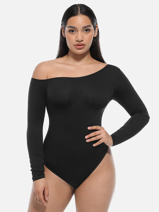 Seamless Diagonal-Neck Long-Sleeve Shaping Thong Bodysuit