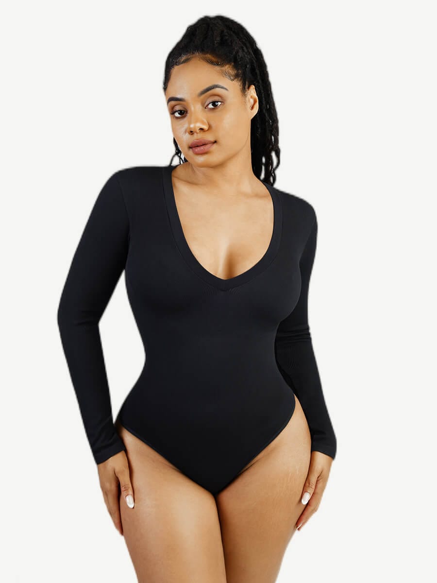 Seamless Long-Sleeve V-Neck Tummy Control Bodysuit