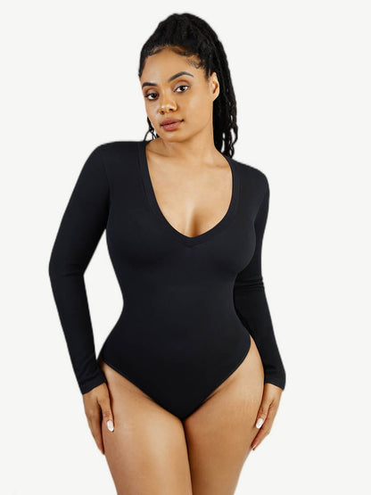Seamless Long-Sleeve V-Neck Tummy Control Bodysuit