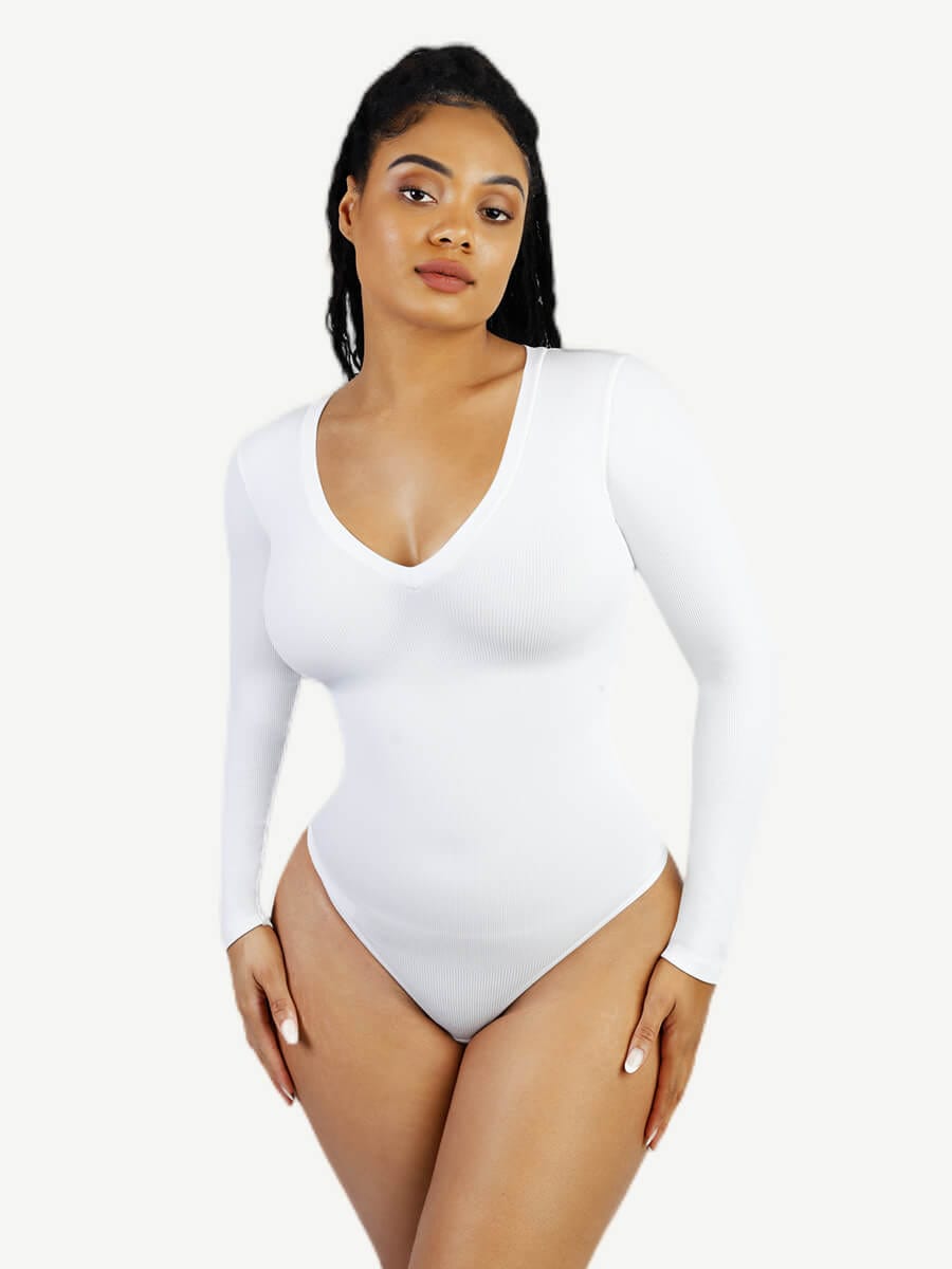 Seamless Long-Sleeve V-Neck Tummy Control Bodysuit