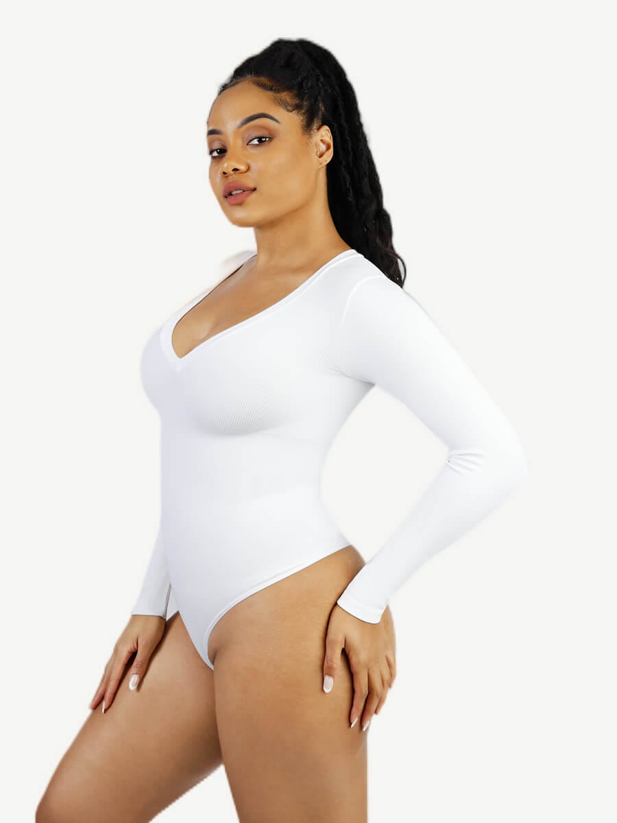 Seamless Long-Sleeve V-Neck Tummy Control Bodysuit