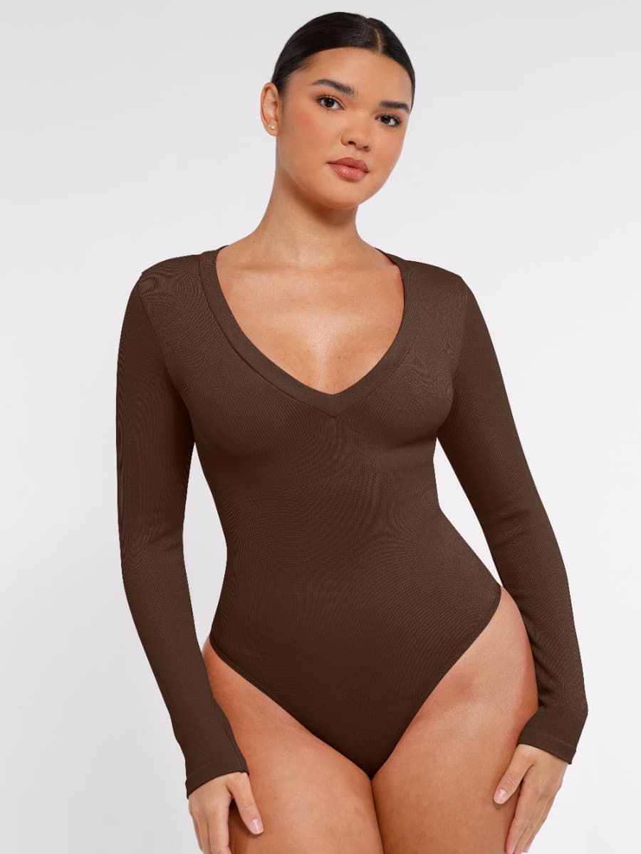 Seamless Long-Sleeve V-Neck Tummy Control Bodysuit