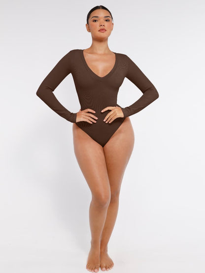 Seamless Long-Sleeve V-Neck Tummy Control Bodysuit