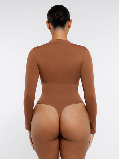 Seamless Long-Sleeve Zipper Thong Bodysuit