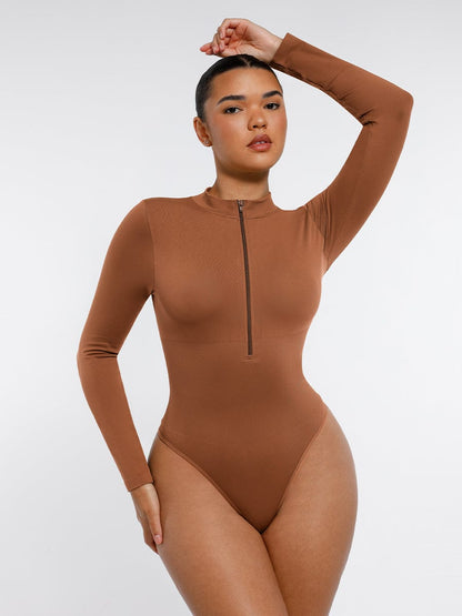 Seamless Long-Sleeve Zipper Thong Bodysuit