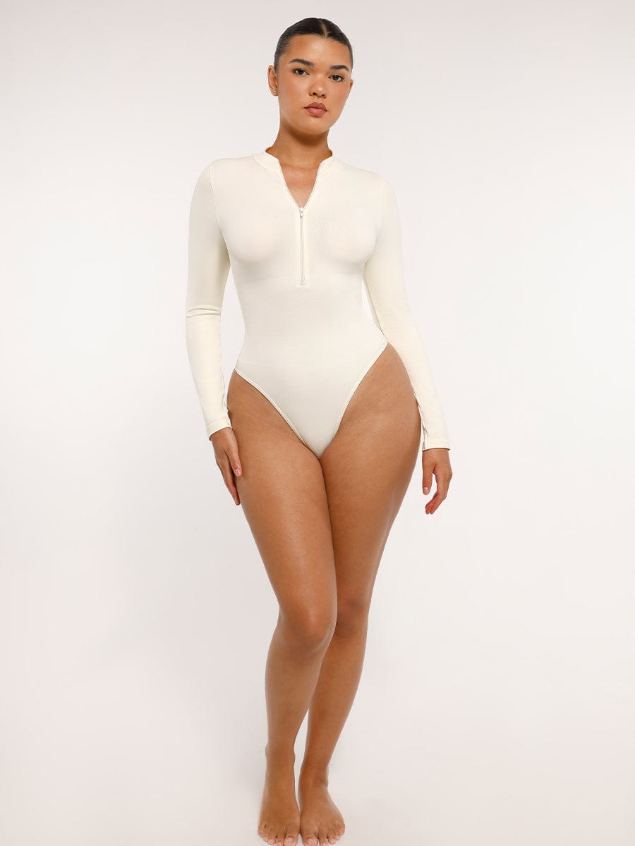 Seamless Long-Sleeve Zipper Thong Bodysuit