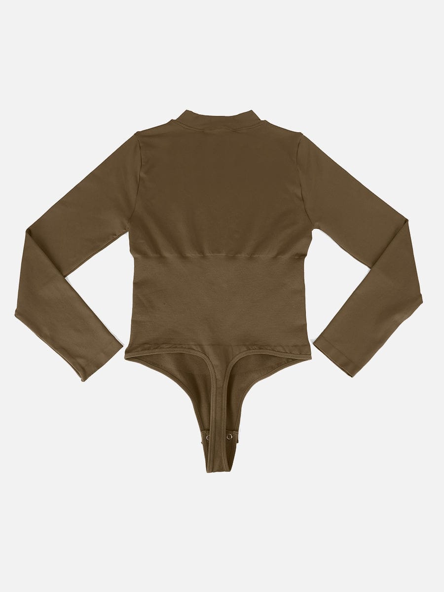 Seamless Long-Sleeve Zipper Thong Bodysuit