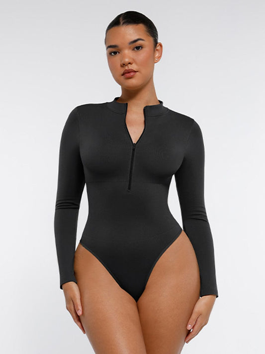 Seamless Long-Sleeve Zipper Thong Bodysuit