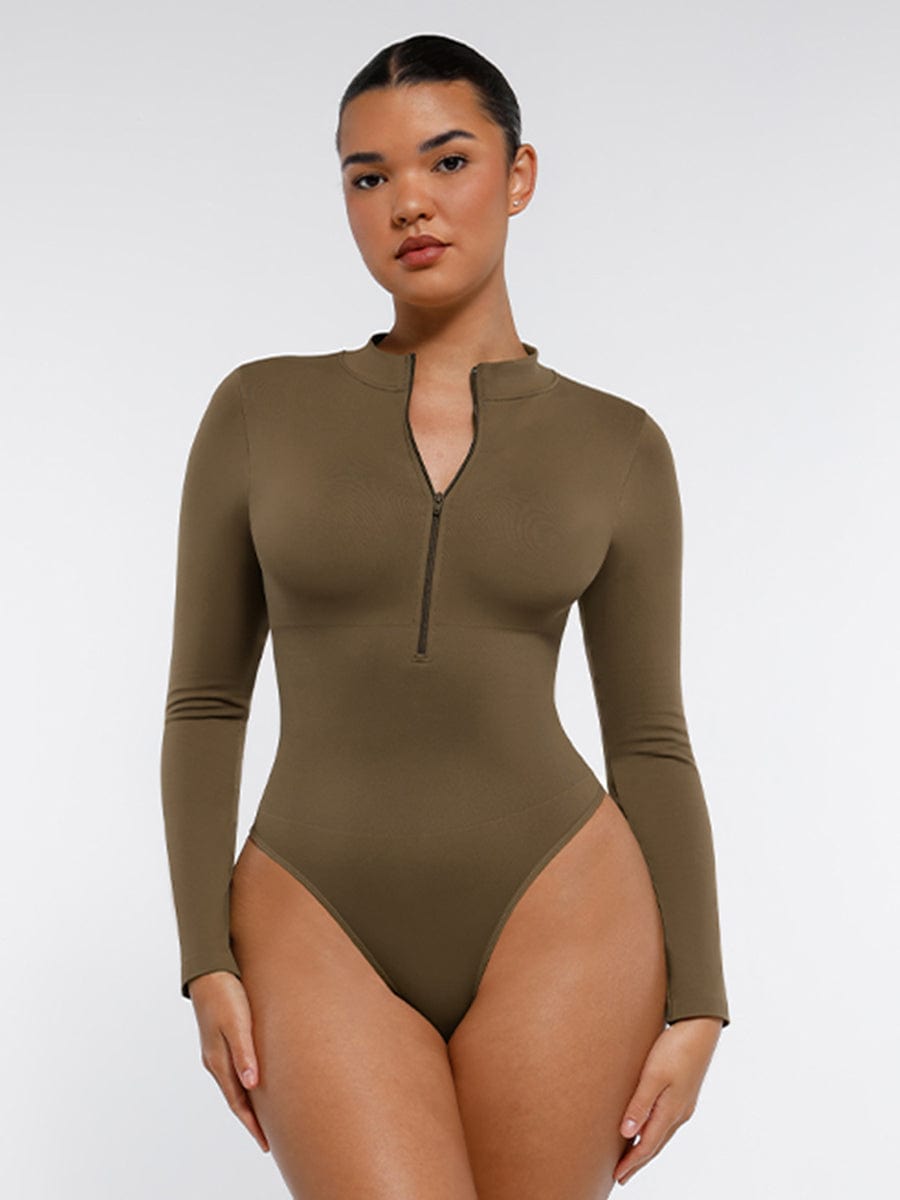 Seamless Long-Sleeve Zipper Thong Bodysuit