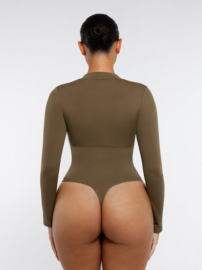 Seamless Long-Sleeve Zipper Thong Bodysuit