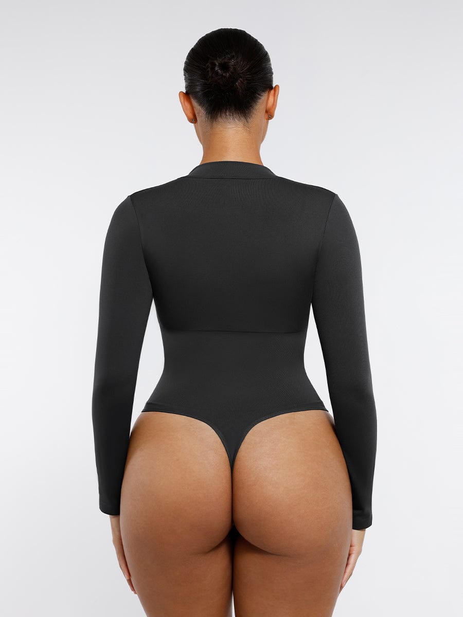 Seamless Long-Sleeve Zipper Thong Bodysuit
