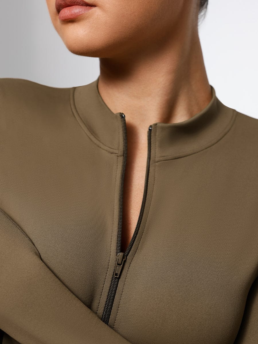 Seamless Long-Sleeve Zipper Thong Bodysuit