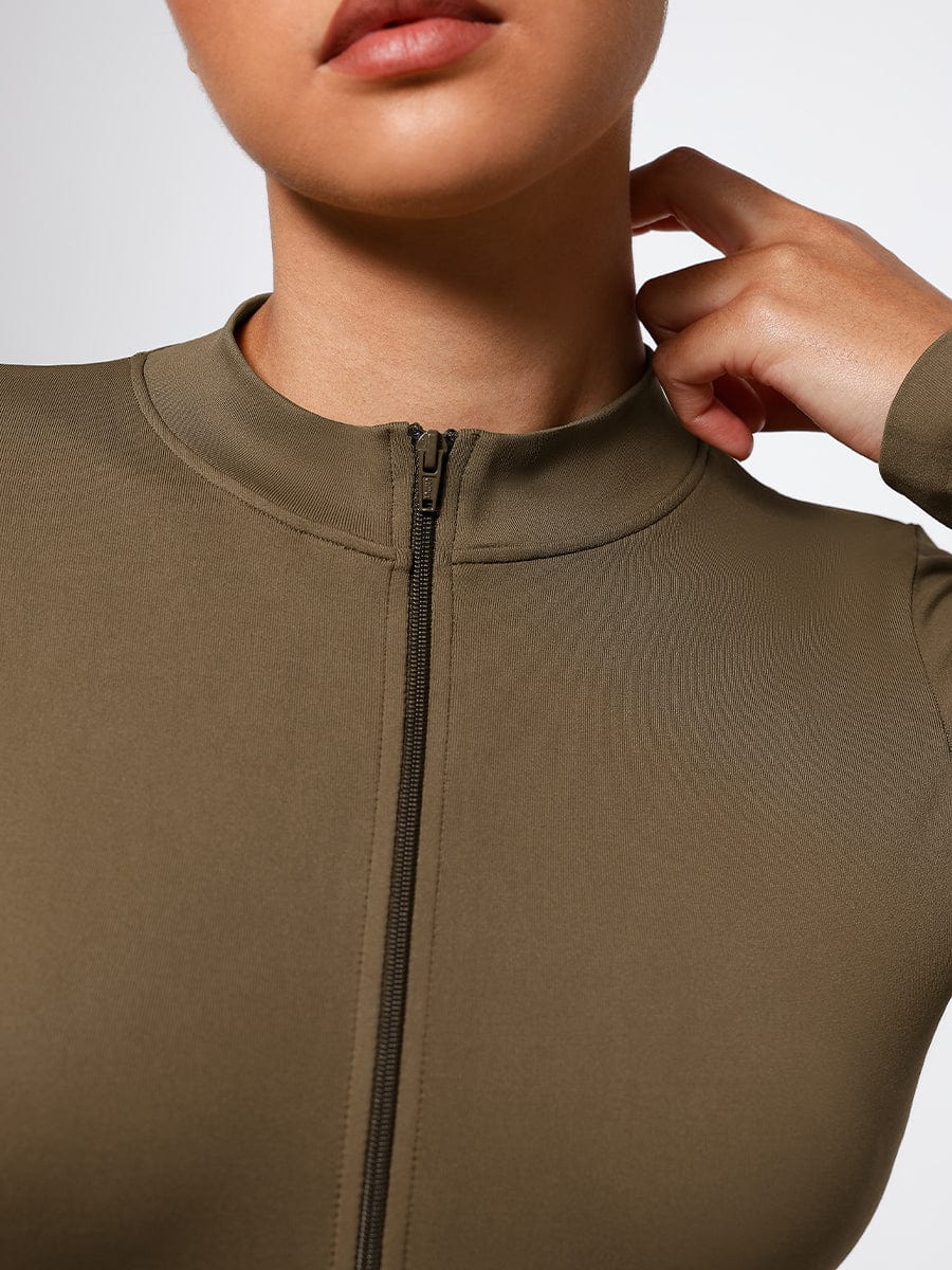 Seamless Long-Sleeve Zipper Thong Bodysuit