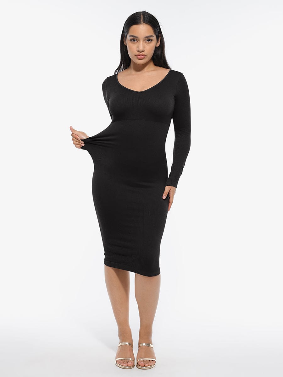 Eco-Friendly Seamless V-Neck Long-Sleeve Shaping Dress