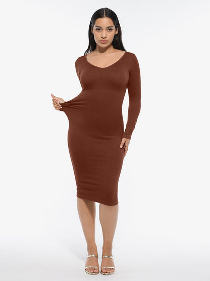 Eco-Friendly Seamless V-Neck Long-Sleeve Shaping Dress