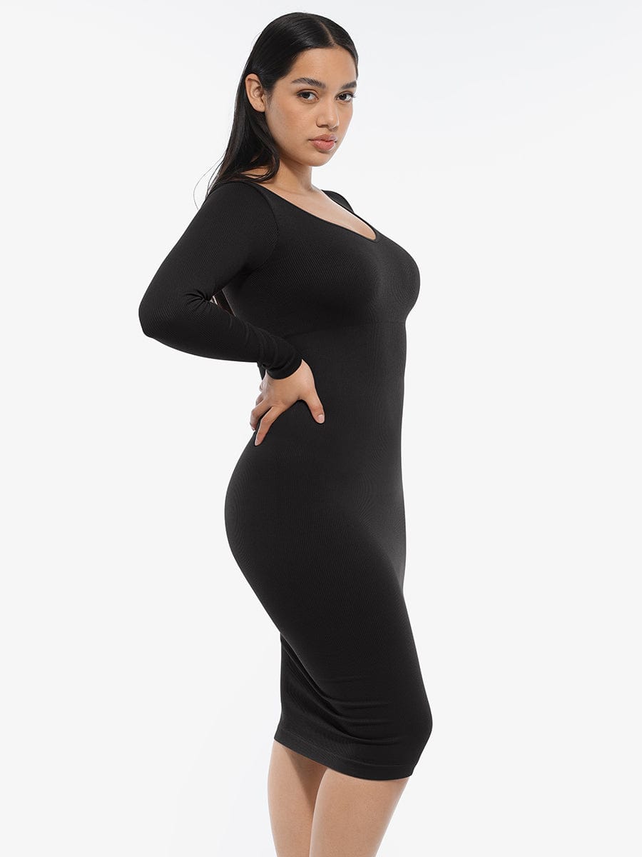 Eco-Friendly Seamless V-Neck Long-Sleeve Shaping Dress