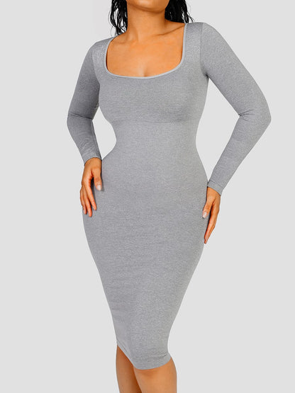 Eco-Friendly Seamless Square-Neck Long-Sleeve Shaping Dress