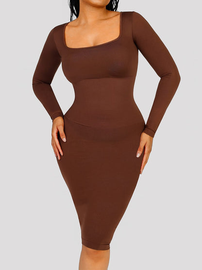Eco-Friendly Seamless Square-Neck Long-Sleeve Shaping Dress