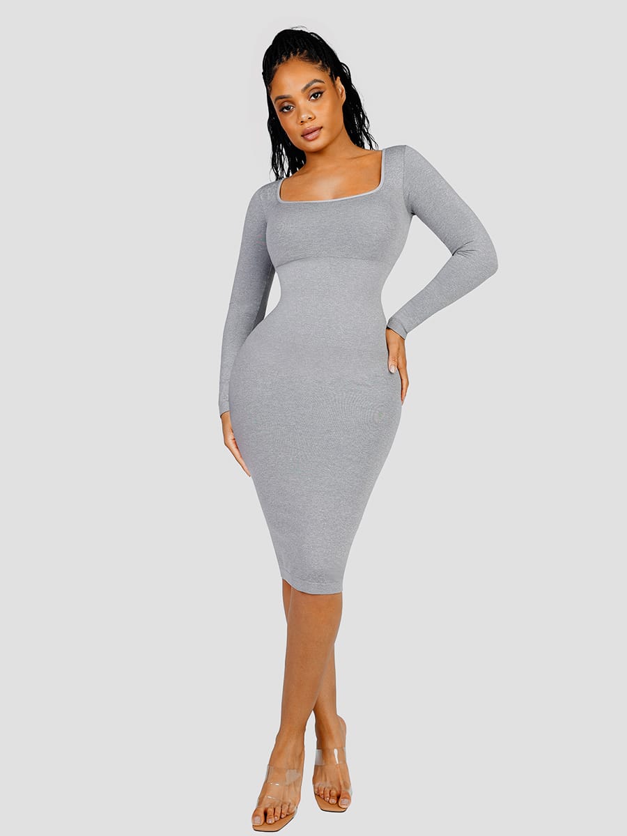 Eco-Friendly Seamless Square-Neck Long-Sleeve Shaping Dress