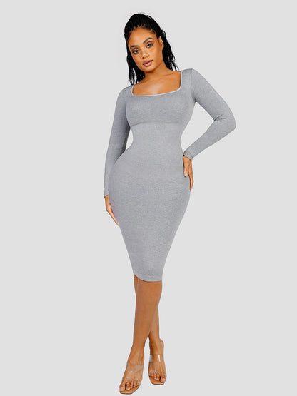 Eco-Friendly Seamless Square-Neck Long-Sleeve Shaping Dress
