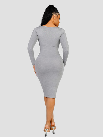 Eco-Friendly Seamless Square-Neck Long-Sleeve Shaping Dress