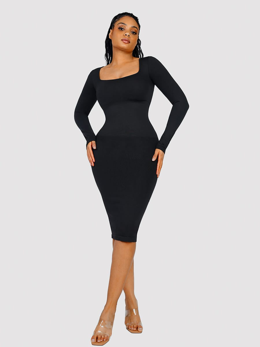Eco-Friendly Seamless Square-Neck Long-Sleeve Shaping Dress