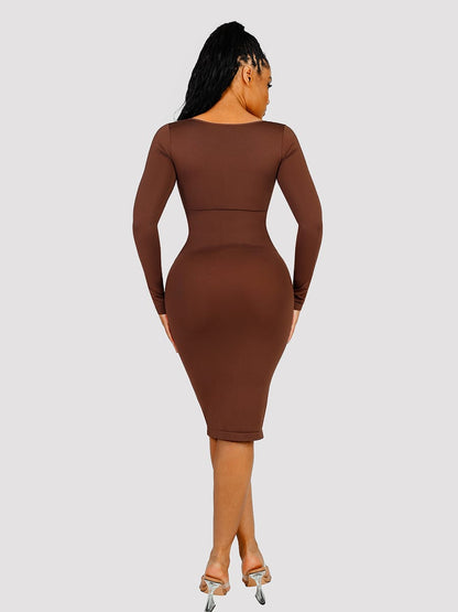 Eco-Friendly Seamless Square-Neck Long-Sleeve Shaping Dress
