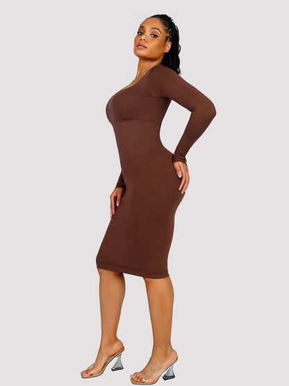 Eco-Friendly Seamless Square-Neck Long-Sleeve Shaping Dress