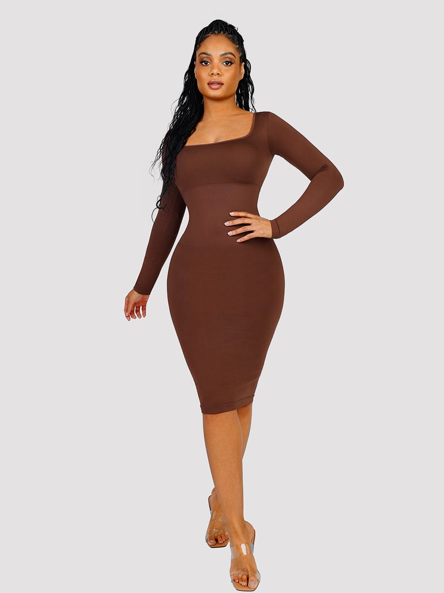 Eco-Friendly Seamless Square-Neck Long-Sleeve Shaping Dress