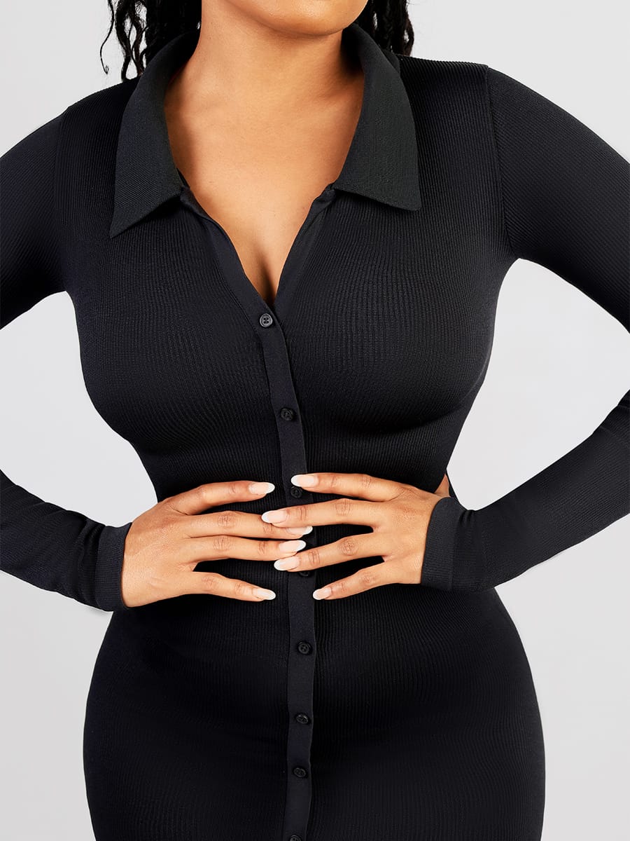 Eco-Friendly Seamless Retro Long-Sleeve Shaping Shirt Dress