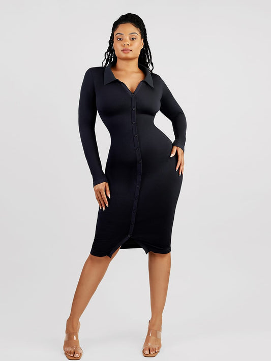 Eco-Friendly Seamless Retro Long-Sleeve Shaping Shirt Dress