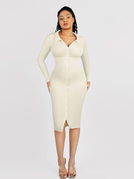Eco-Friendly Seamless Retro Long-Sleeve Shaping Shirt Dress