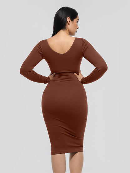 Eco-Friendly Seamless V-Neck Long-Sleeve Shaping Dress