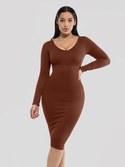 Eco-Friendly Seamless V-Neck Long-Sleeve Shaping Dress