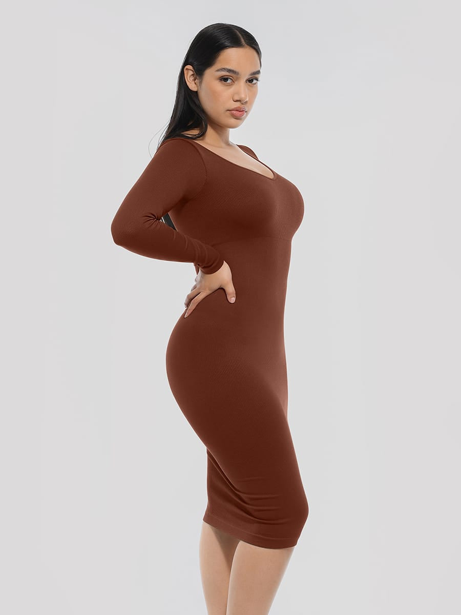 Eco-Friendly Seamless V-Neck Long-Sleeve Shaping Dress