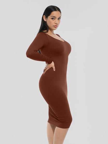 Eco-Friendly Seamless V-Neck Long-Sleeve Shaping Dress