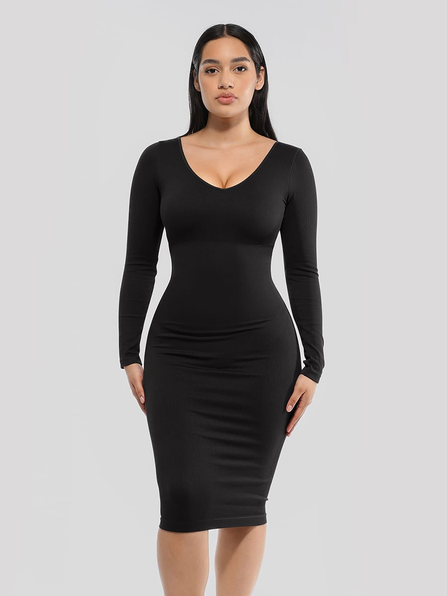 Eco-Friendly Seamless V-Neck Long-Sleeve Shaping Dress