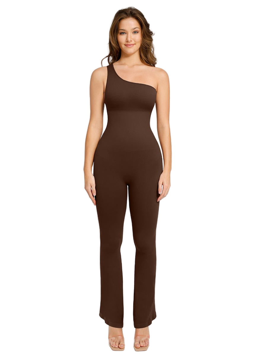 Wholesale Seamless Sloped Shoulders Shaping Bodysuit Dress with Flared Legs