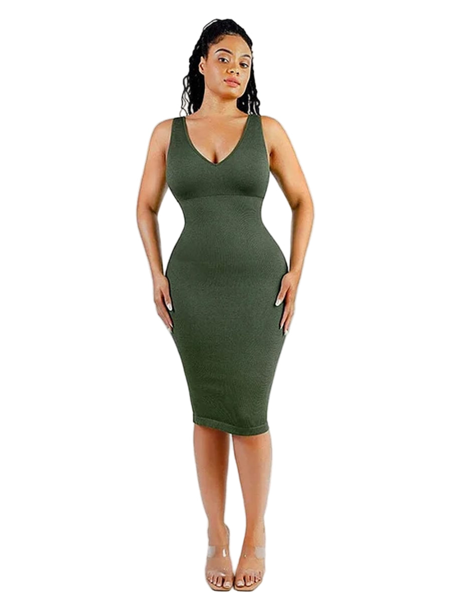 Women Eco-friendly Seamless Deep V-neck Waist Trimming Shaping Dress with Removable Pads