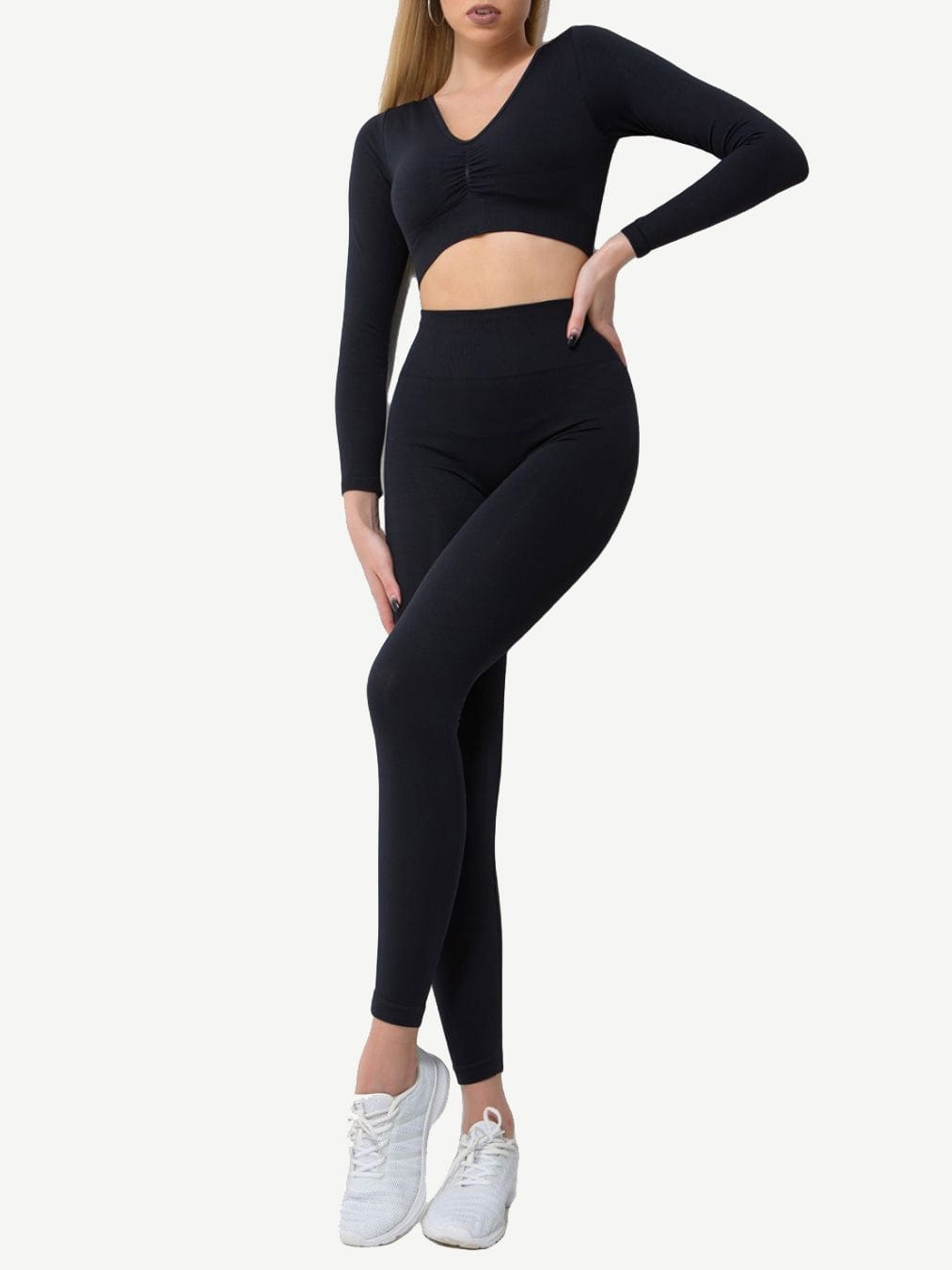 Wholesale 2-piece solid color soport sets v neck breathable wicking fitness workout sportwear